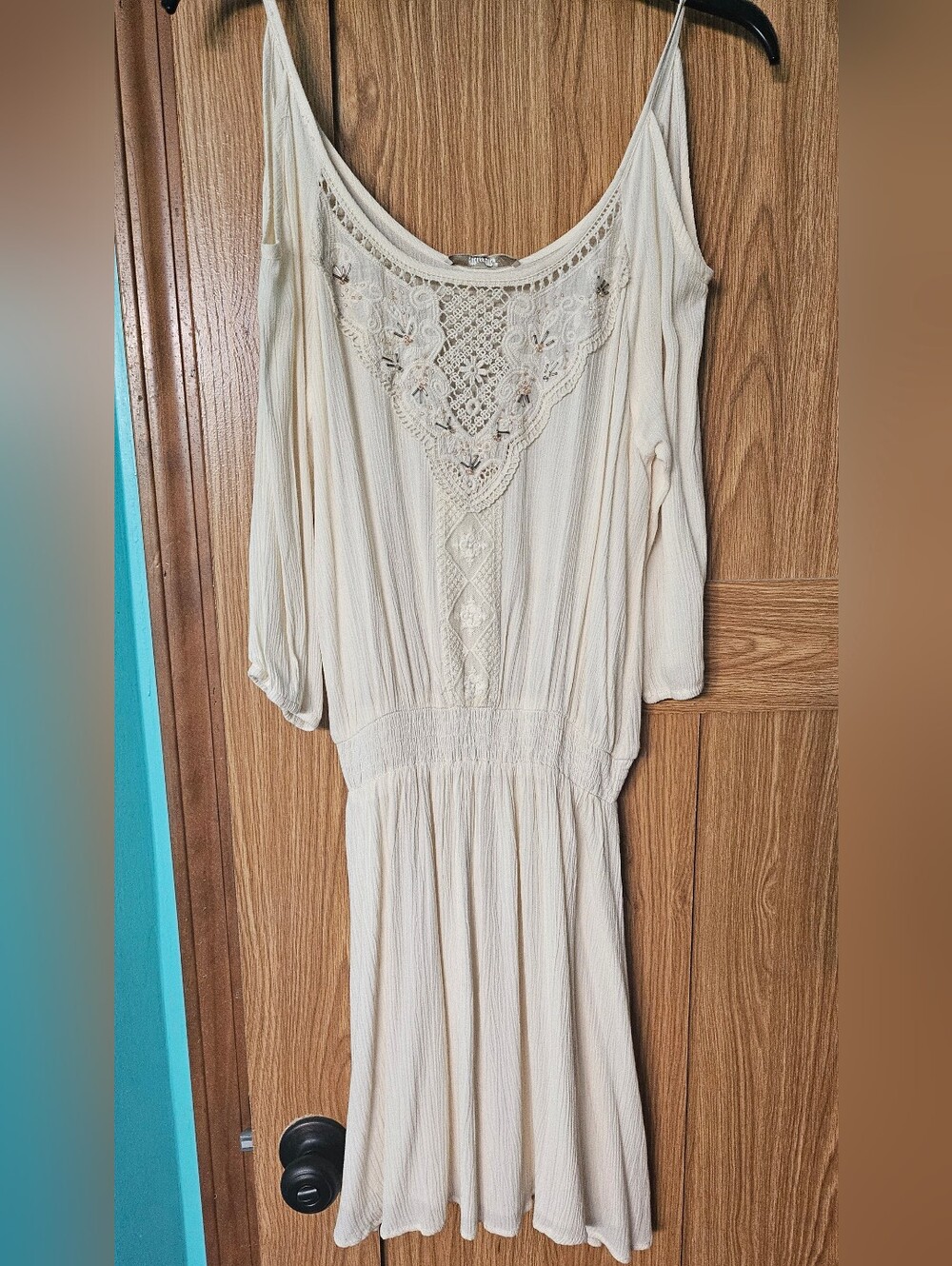 Miss Me Cream Cold-Shoulder Lace Trim Midi Dress